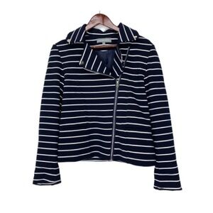 Bagatelle Nautical Striped Navy Blue White Moto Career Blazer Jacket Size Medium